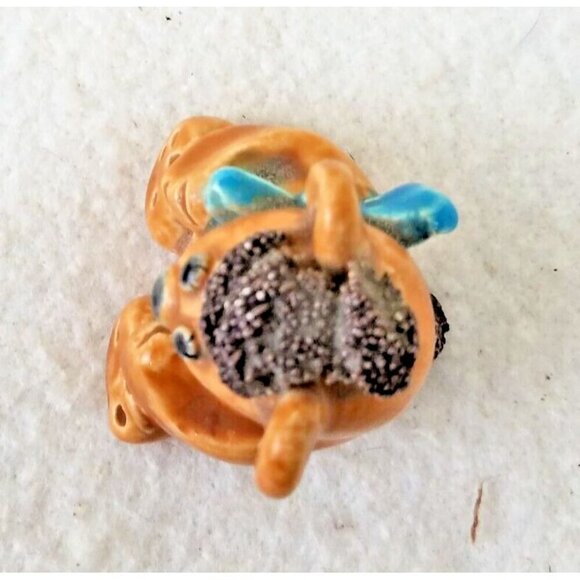 Hand made Painted Ceramic Brown Bear With‎ Blue Bow initialed JN brown fur - Picture 9 of 10